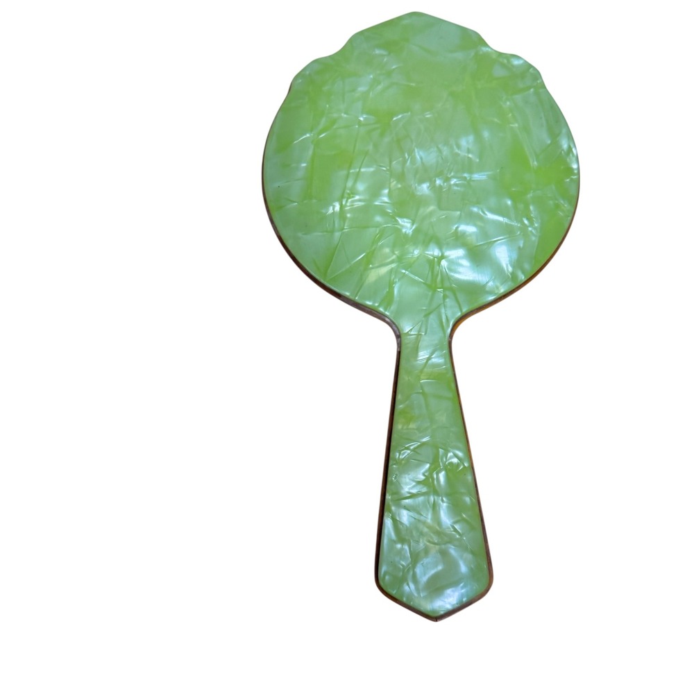 Vintage Green Pearloid Celluloid Hand Mirror Art Deco Vanity Accessory